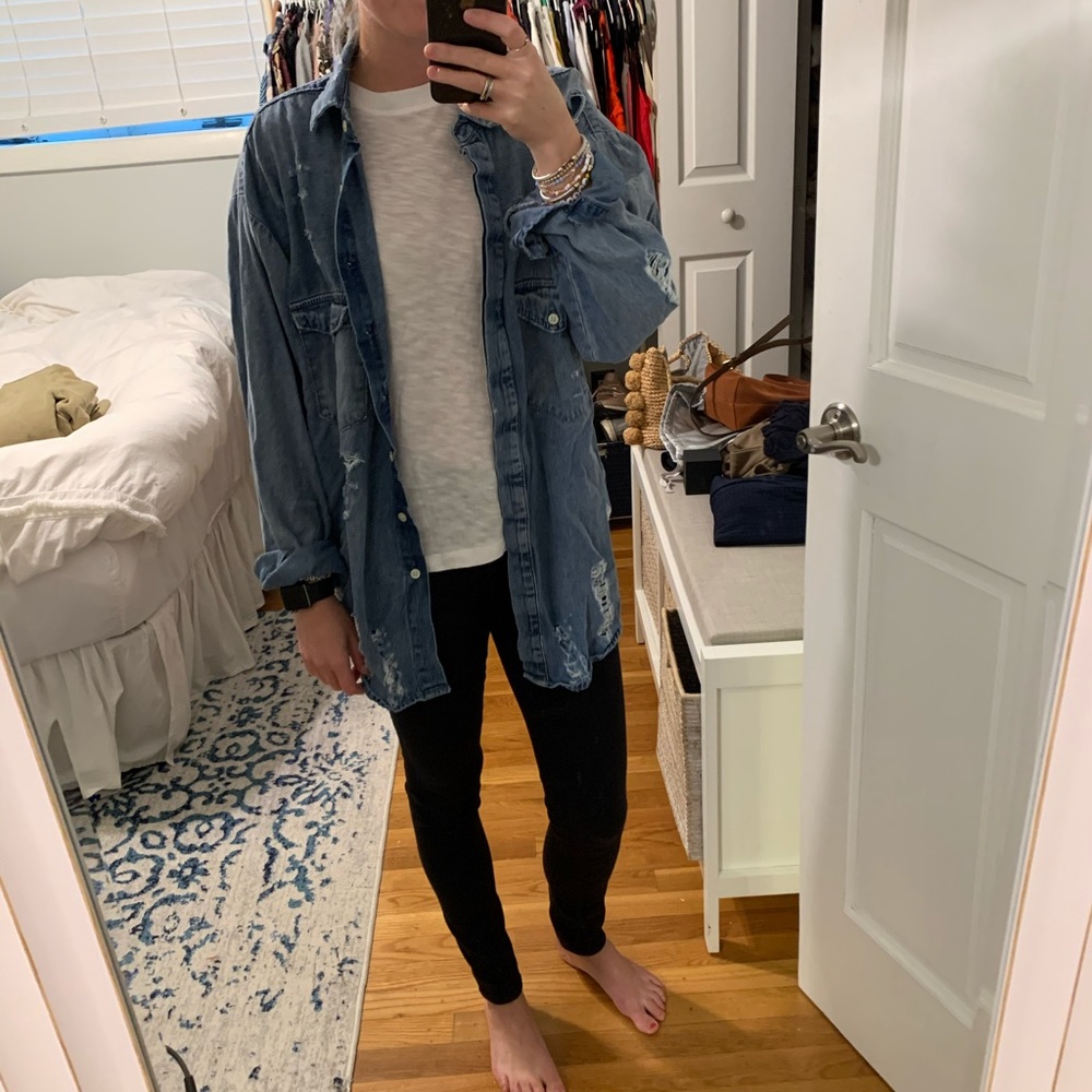 Carmar distresses denim button down